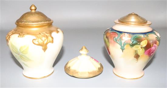 Two Royal Worcester rose painted vases & one cover, damage